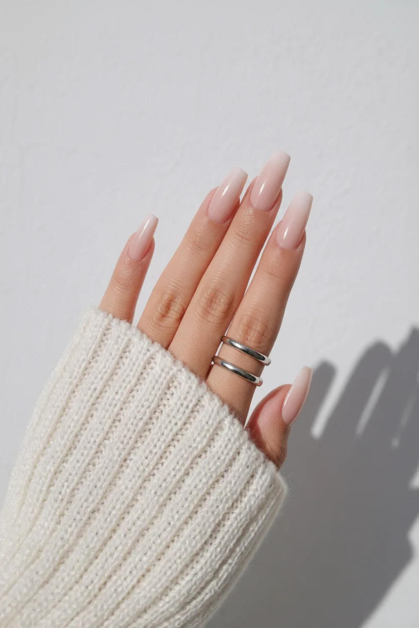 Mano con uñas almendradas en tendencia french nude sobre suéter blanco