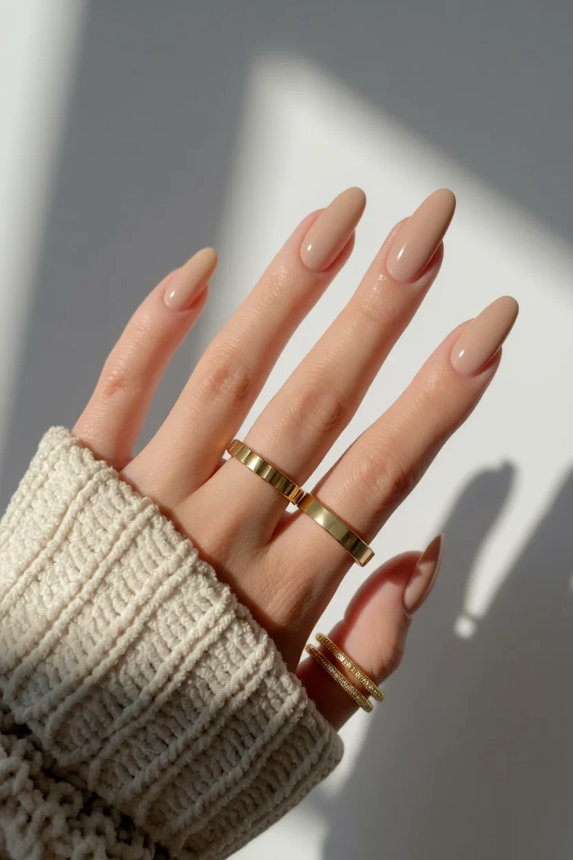 Uñas largas en forma de almendra con esmalte nude brillante