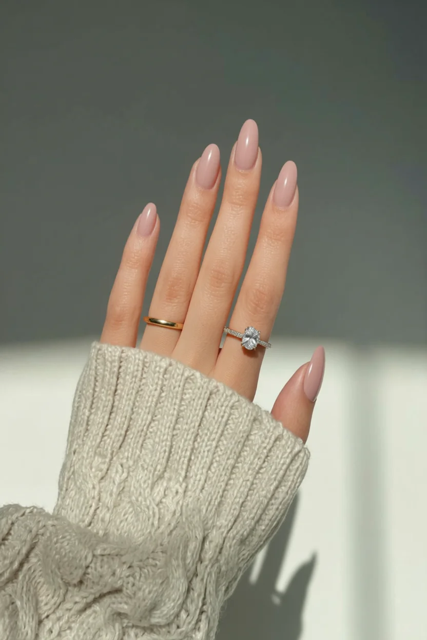 Mano con uñas nude en forma almendrada y acabado brillante
