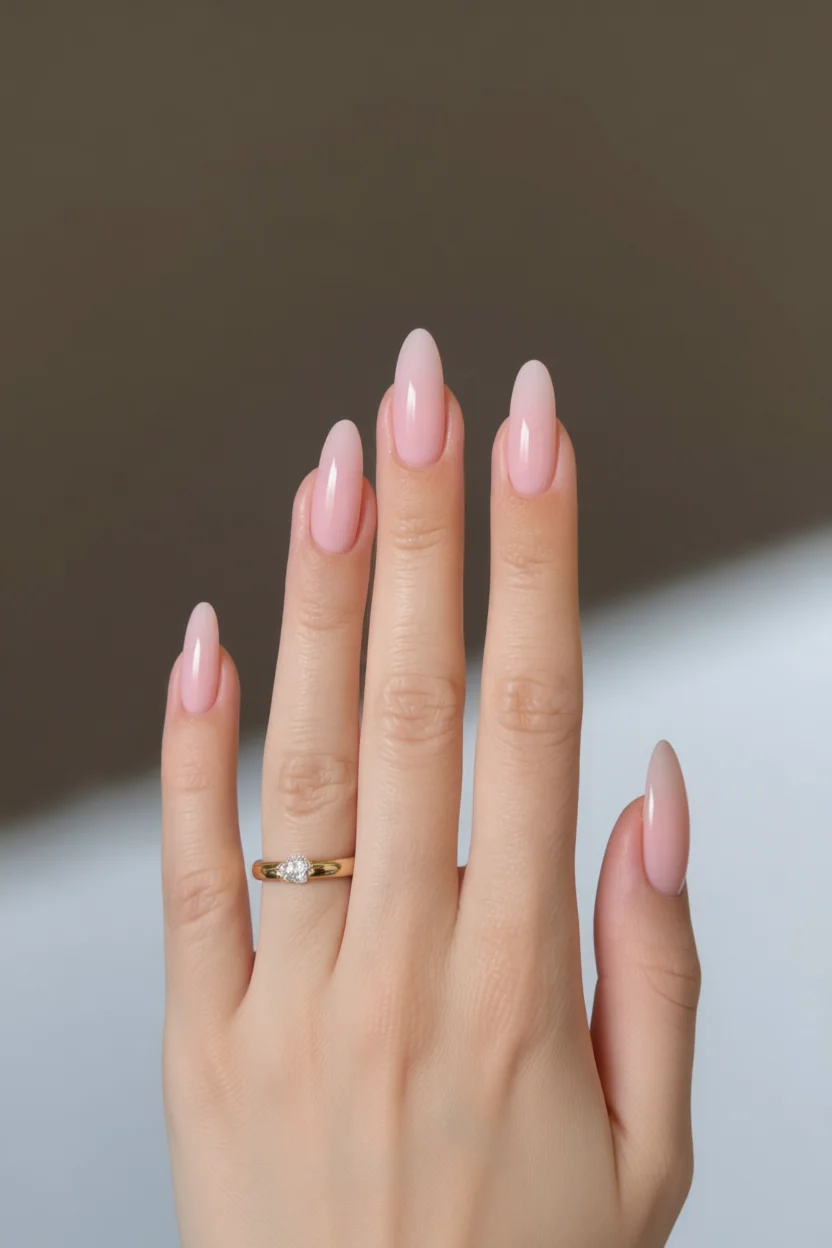 Mano con uñas ovaladas largas pintadas en rosa nude brillante con efecto degradado francés