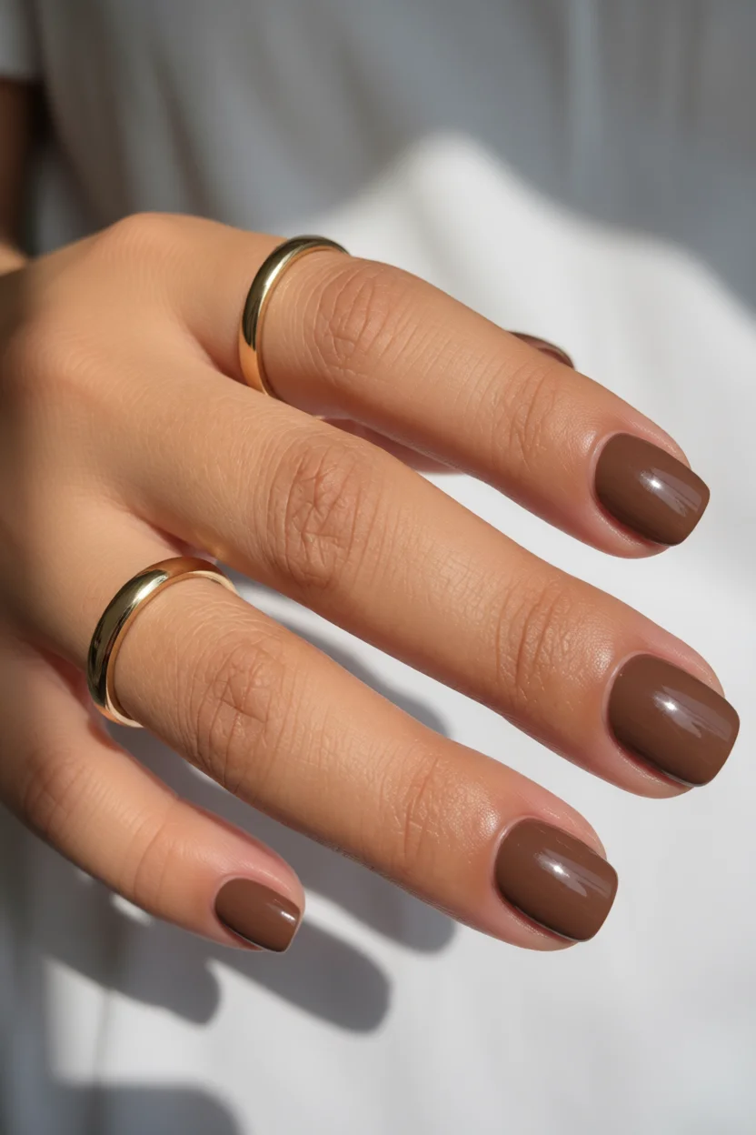 Mano con uñas cortas cuadradas pintadas de color chocolate brillante con anillos dorados