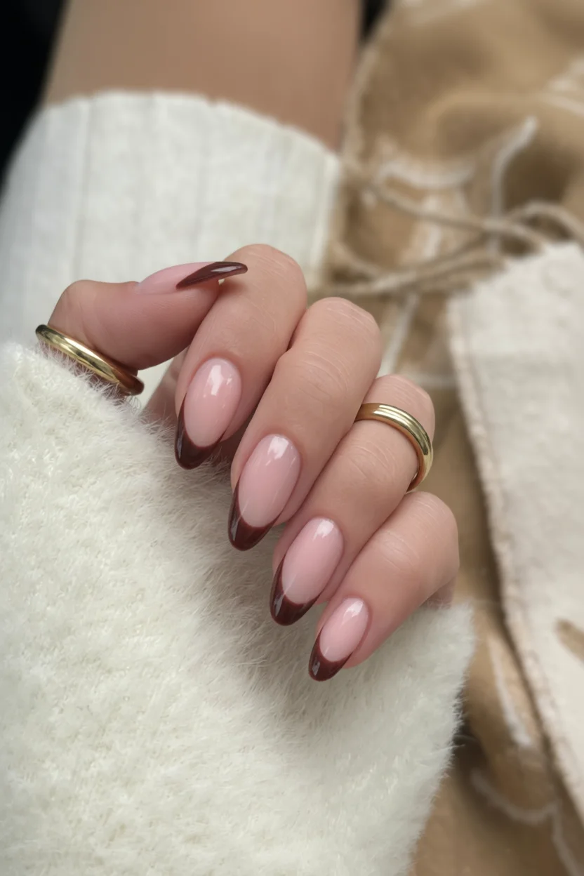 Uñas ovaladas con diseño francés en tonos nude y chocolate