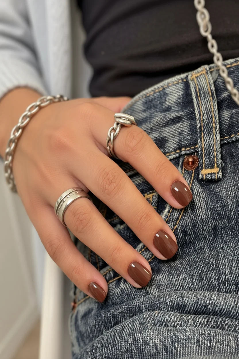 Mano femenina con uñas color chocolate brillante y anillos plateados