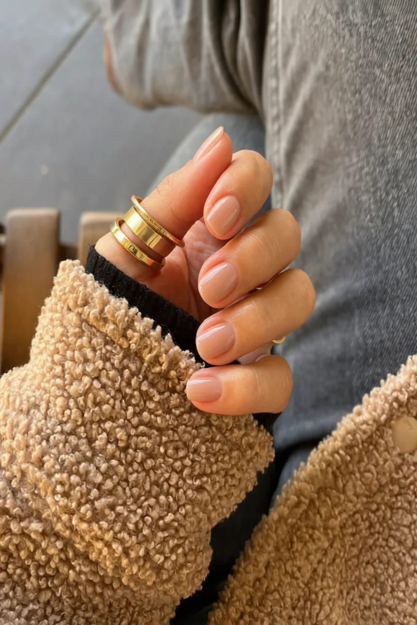 Mano femenina con uñas largas almendradas color nude brillante, anillos dorados y manga texturizada beige