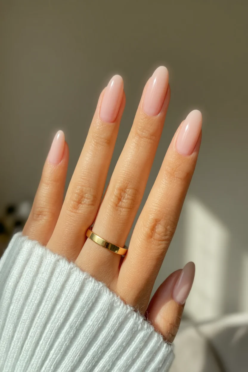 Mano con uñas largas en forma de almendra y esmalte nude rosado brillante