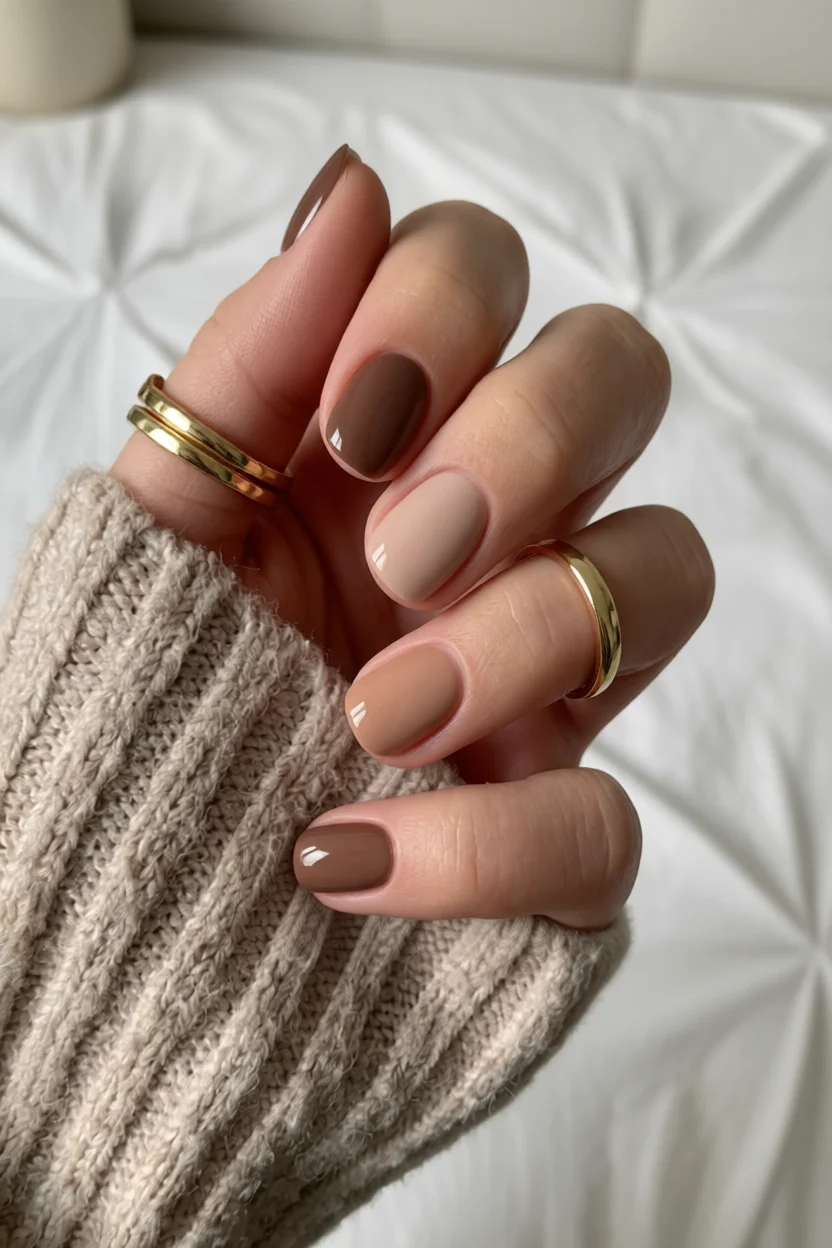Mano con uñas pintadas en distintos tonos de chocolate y nude, acabado brillante y forma ovalada