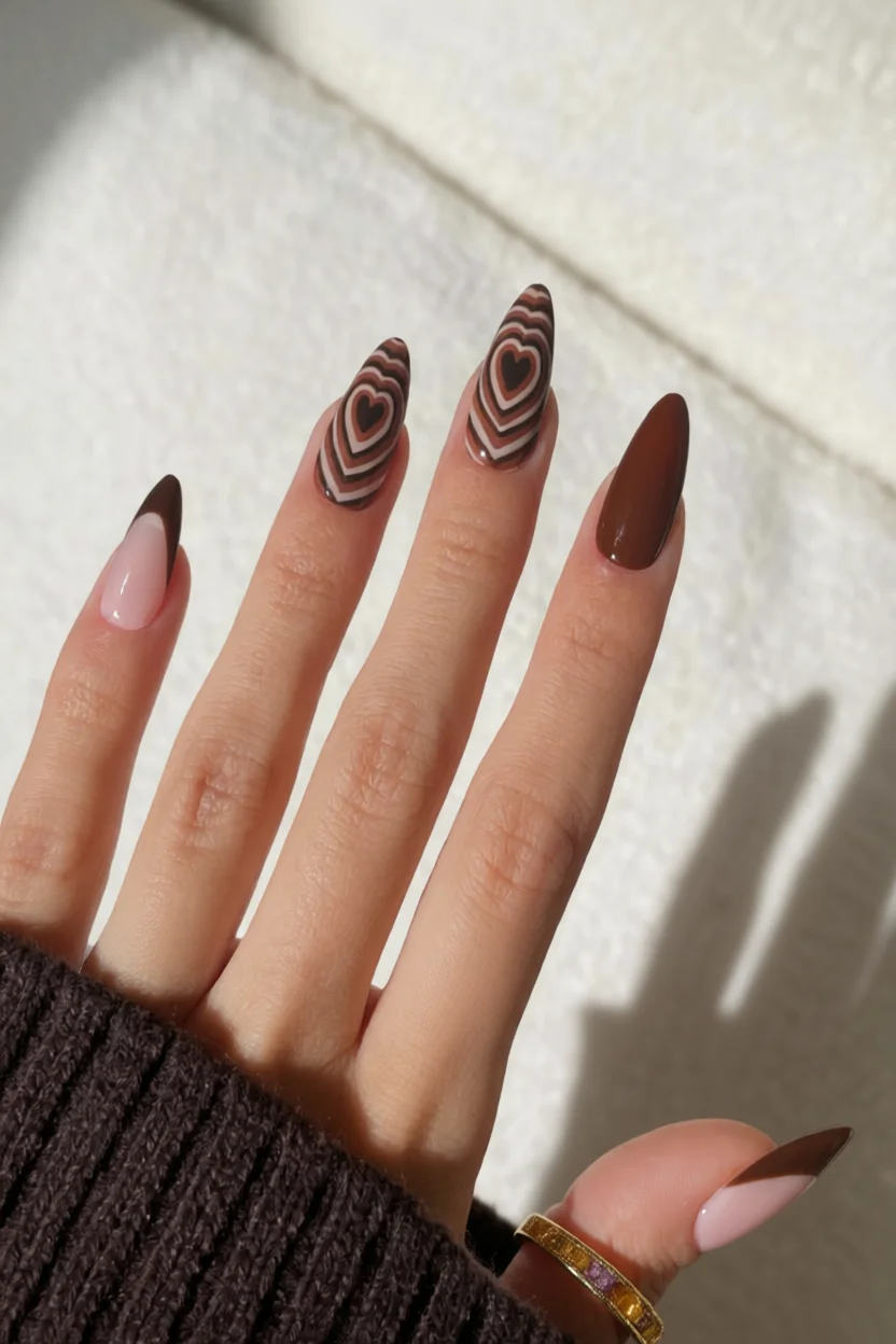 Uñas largas almendradas con diseño de corazones concéntricos en tonos chocolate y nude