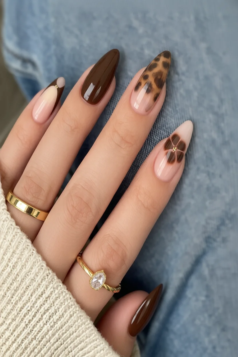 Uñas almendra largas en tono chocolate con diseños de estampado animal, flor y punta francesa