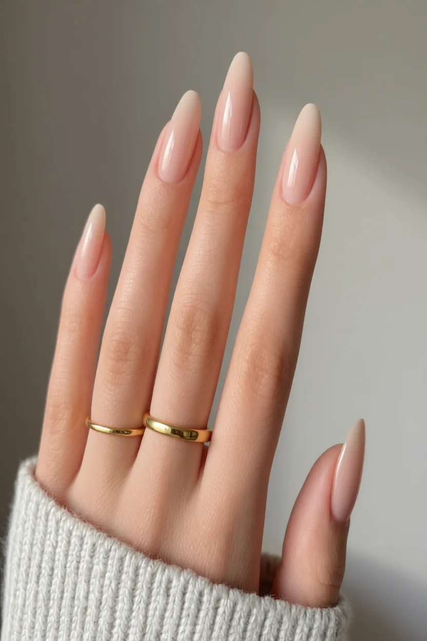 Mano con uñas largas forma almendra color nude degradado suave y anillos dorados