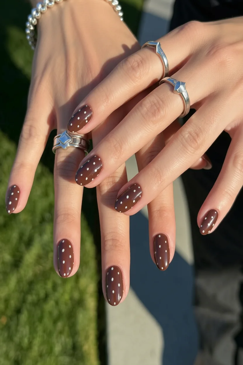 Mano con uñas almendradas color chocolate con lunares blancos