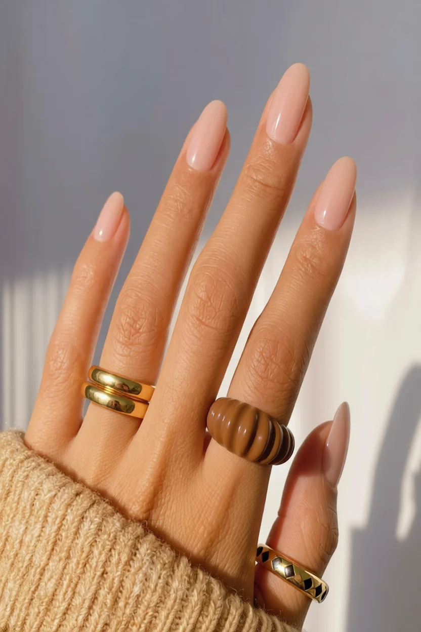 Mano con uñas largas almendradas en tono nude brillante y anillos dorados y chocolate
