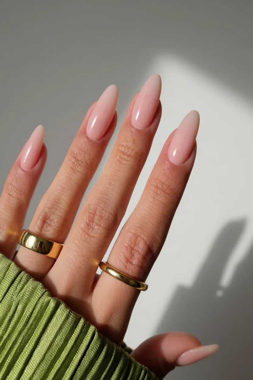 Uñas largas forma almendra con acabado nude rosa degradado natural