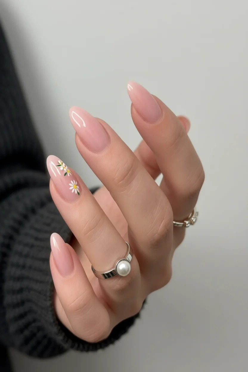 Uñas largas almendradas en tono rosa nude con delicadas margaritas pintadas en el anular