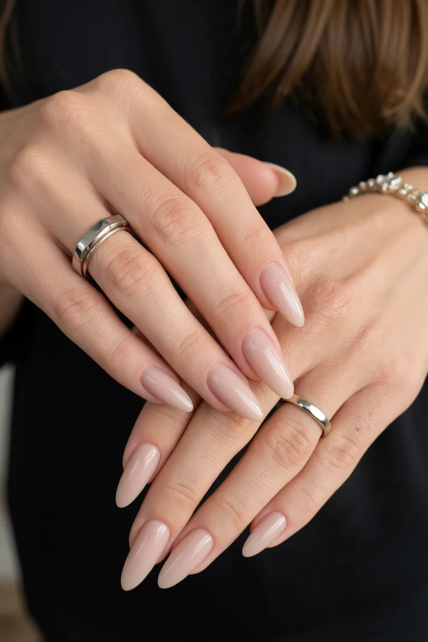 Mano con uñas largas en forma de almendra pintadas con esmalte nude brillante efecto natural minimalista