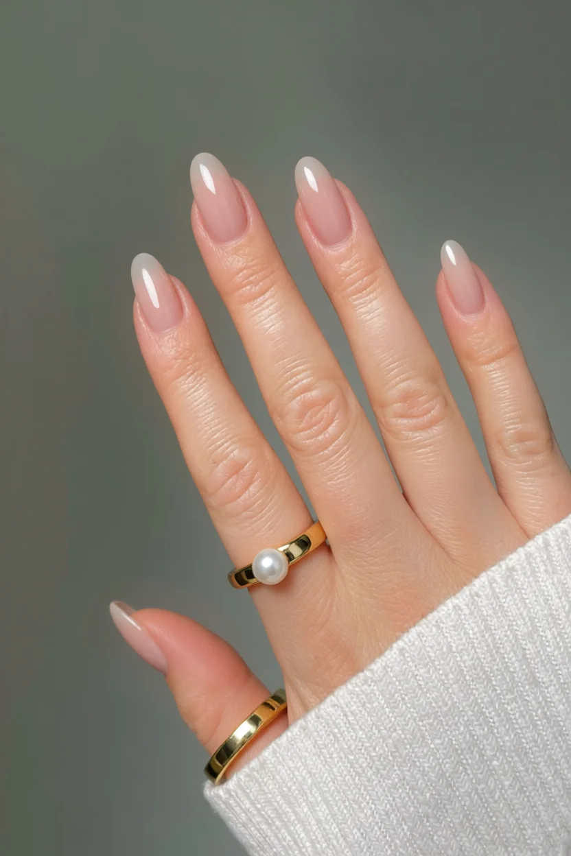 Mano con uñas ovaladas en degradado nude natural y anillos de perla dorados