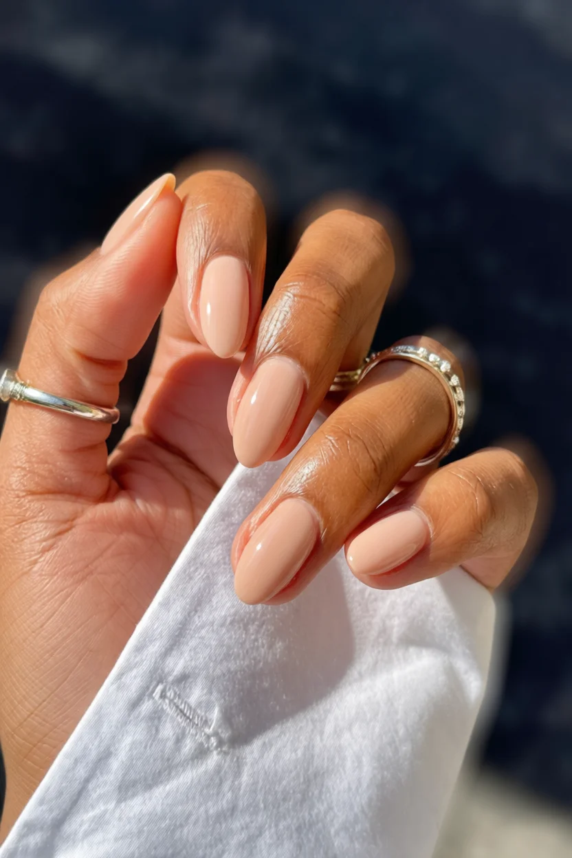 Manos con uñas naturales en tono nude y forma almendrada con brillo