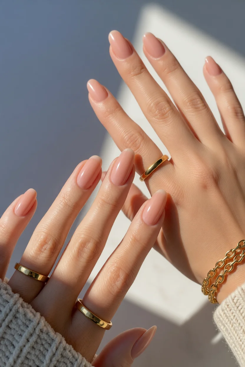 Manos con uñas cortas al cudro y esmalte nude brillante, anillos dorados