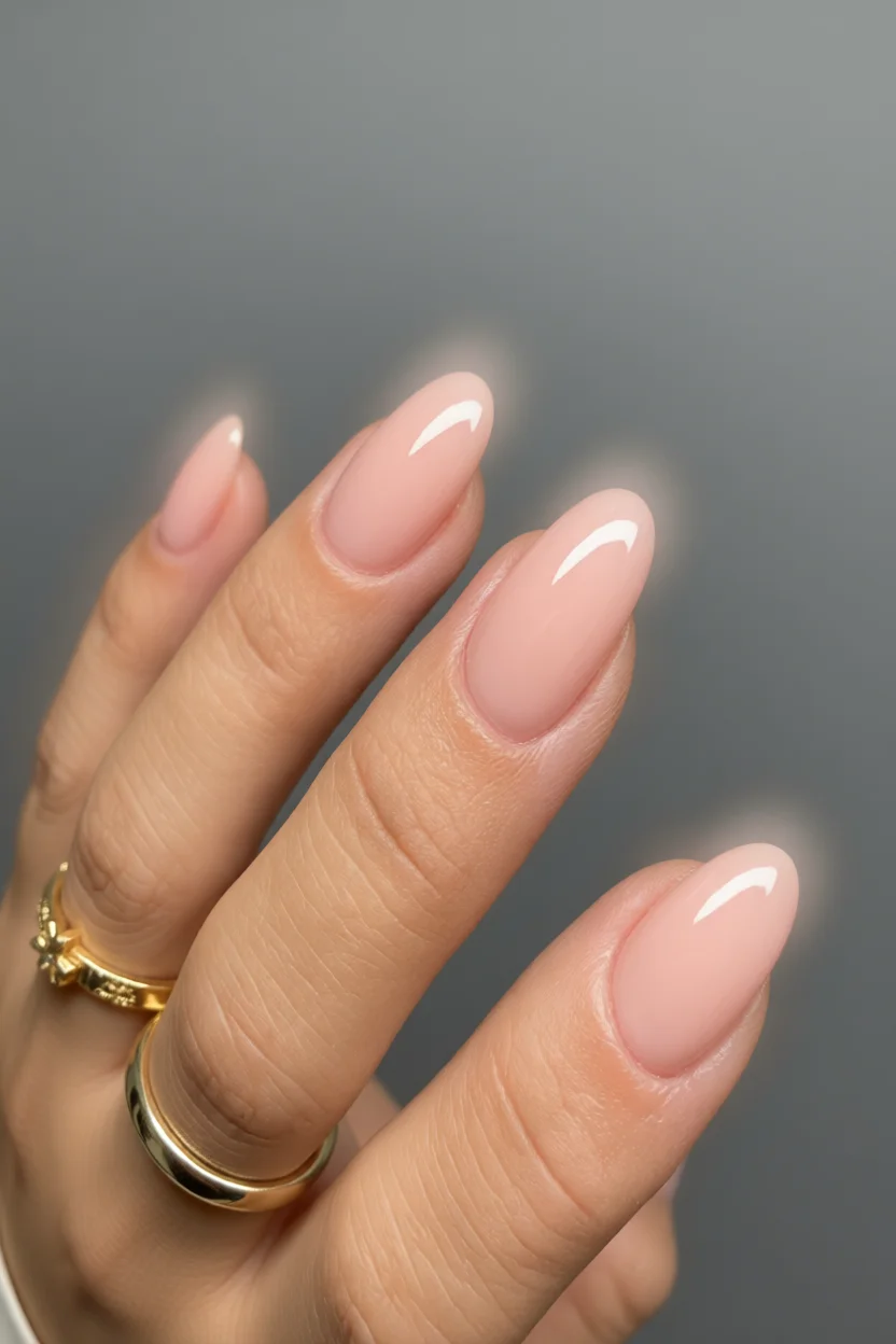 Mano con uñas almendradas color nude rosa brillante
