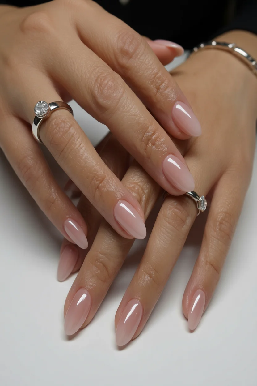 Uñas almendradas en tono rosa nude con acabado brillante y dos anillos de diamante