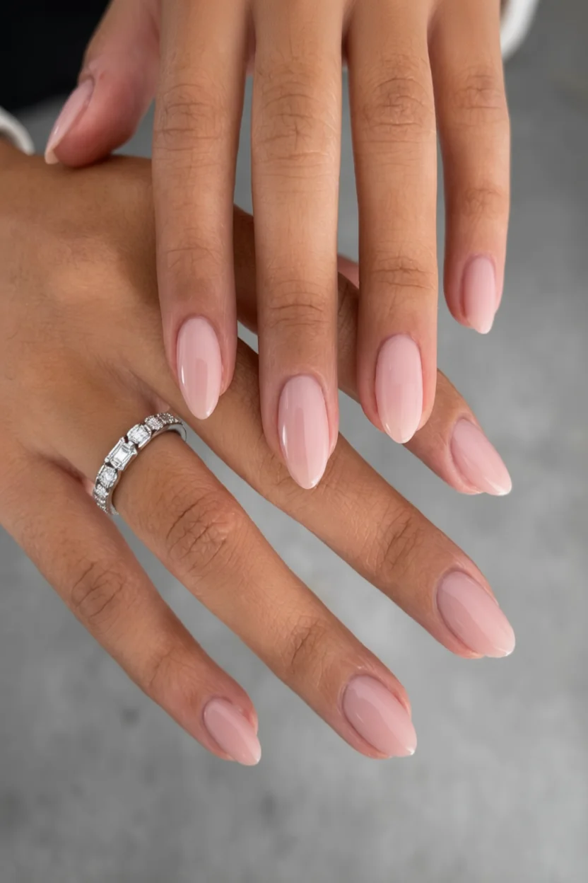 Uñas naturales ovaladas con esmalte nude brillante
