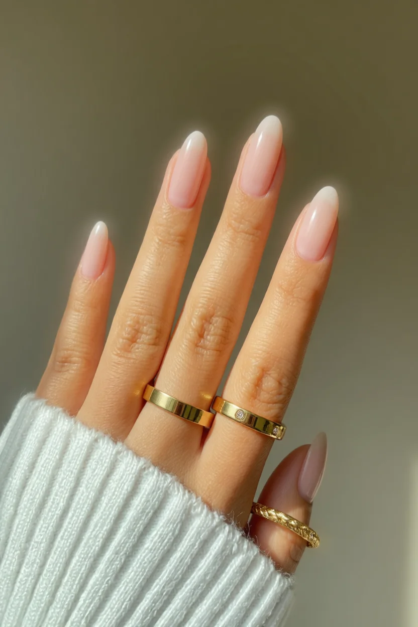 Mano con uñas largas almendradas en tono blush nude degradado natural