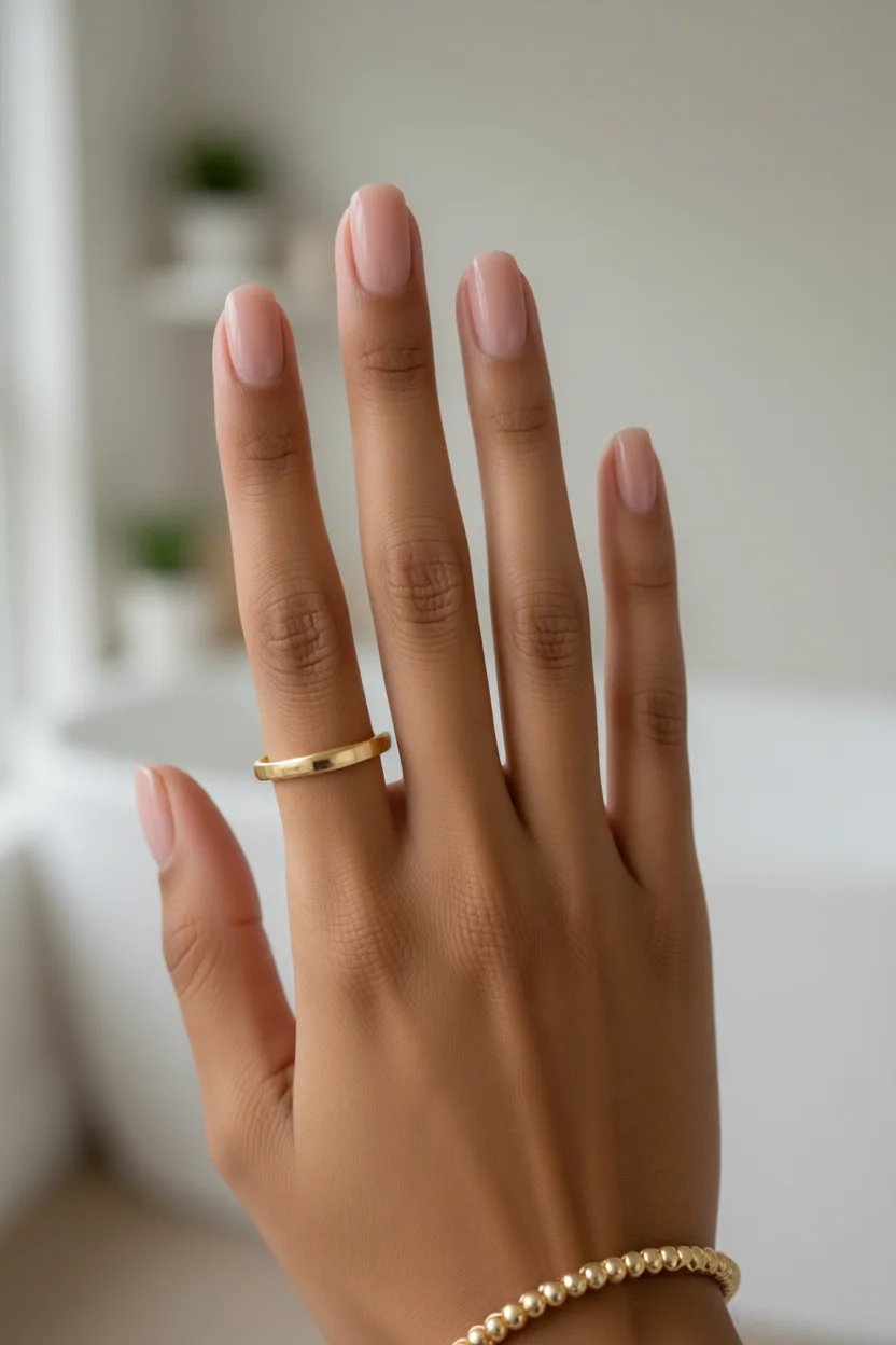 Mano con uñas cortadas en cuadrado y esmaltadas en rosado nude translúcido, estilo minimalista natural