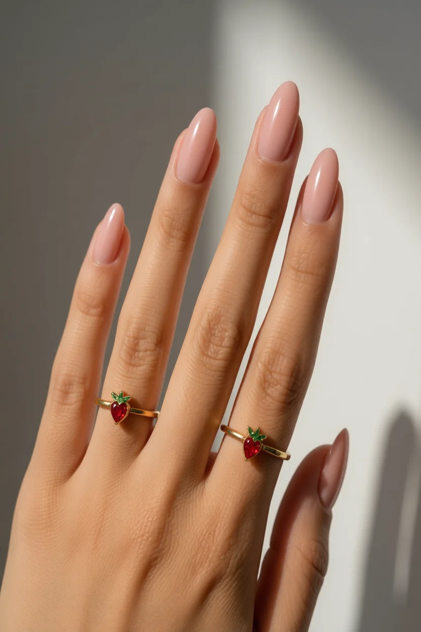 Mano con uñas cortas en forma almendrada, esmaltadas en tono nude rosado con brillo