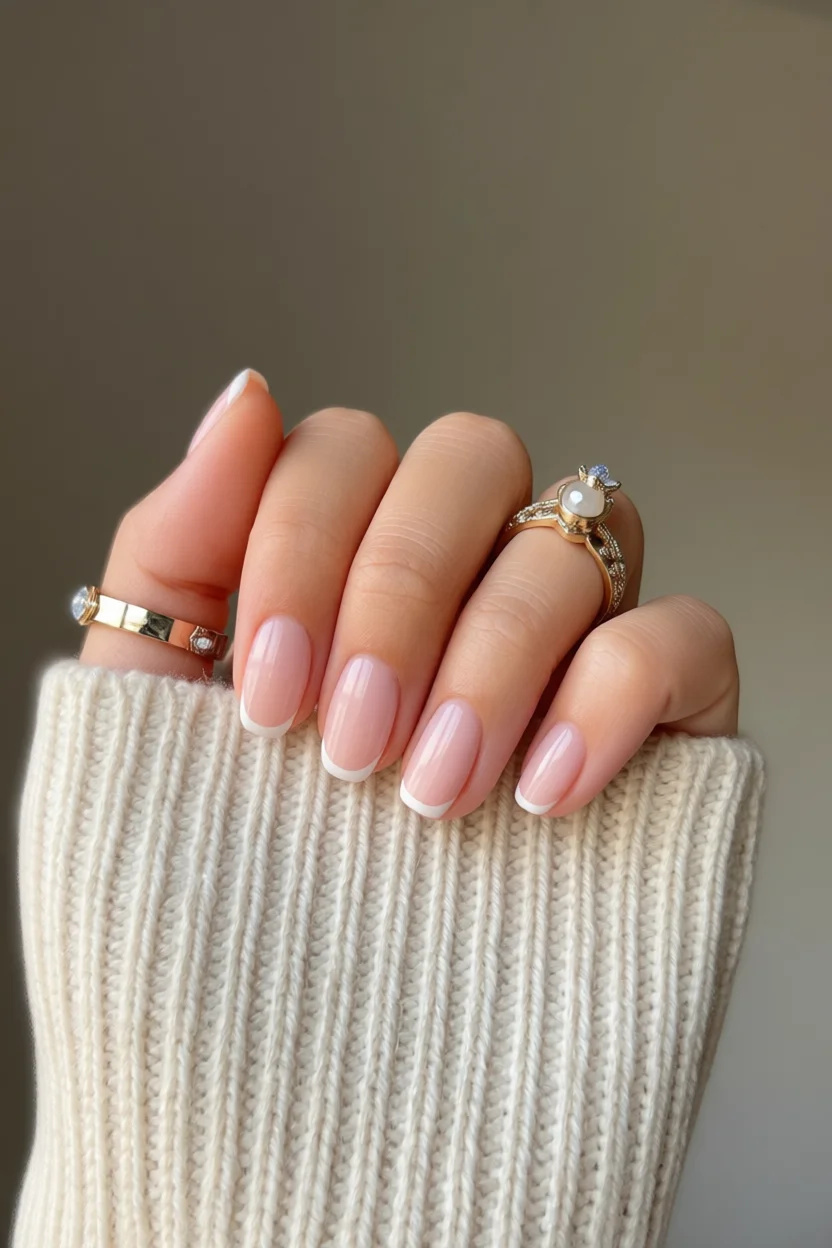 Uñas cortas cuadradas con diseño francés nude y puntas blancas