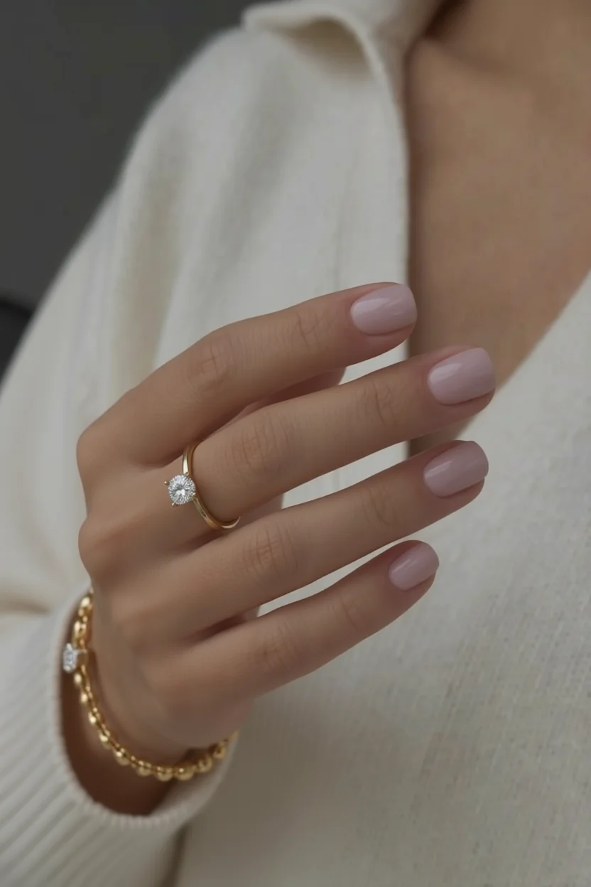 Mano femenina con uñas cortas redondeadas en esmalte rosa nude brillante
