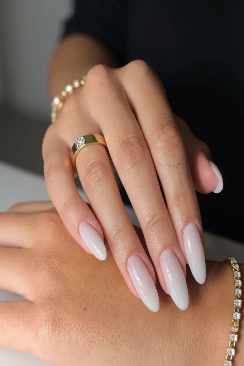 Uñas largas almendra con efecto ombré francés, degradado de base rosada a puntas blancas