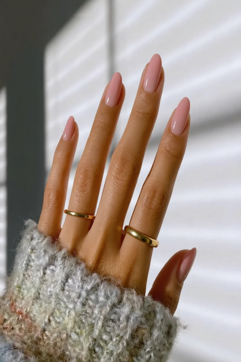 Mano con uñas largas forma almendra en tono nude rosado brillante