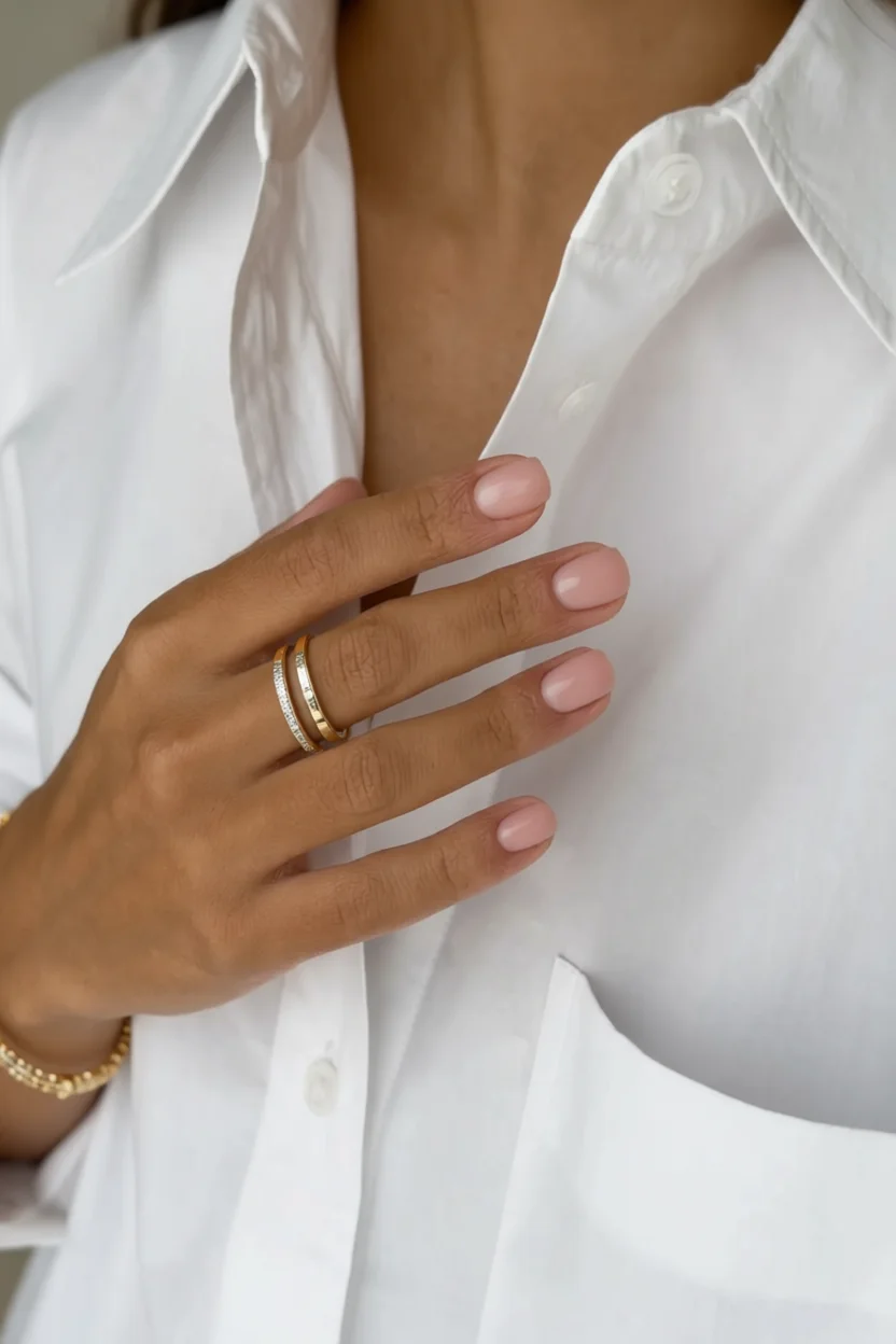 Uñas ovaladas con esmalte nude rosado brillante y manos con anillos dorados
