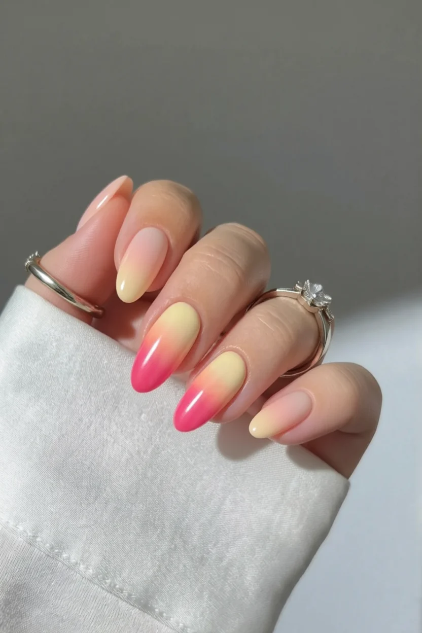 Uñas largas ovaladas con degradado ombré amarillo suave a rosa intenso brillante