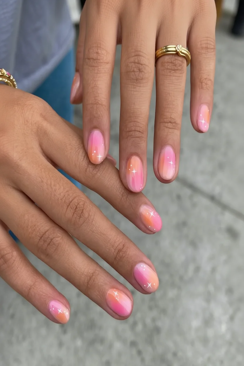 Uñas largas en forma de almendra con degradado rosa a naranja y brillos de estrellas blancas