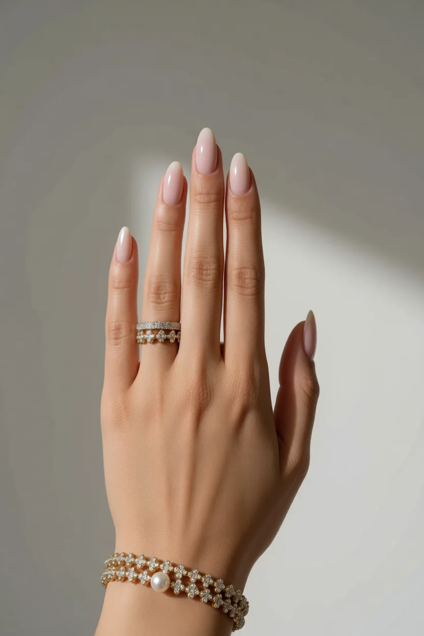 Mano con uñas almendradas en tono nude rosado brillante con anillo de diamantes y pulsera de perlas