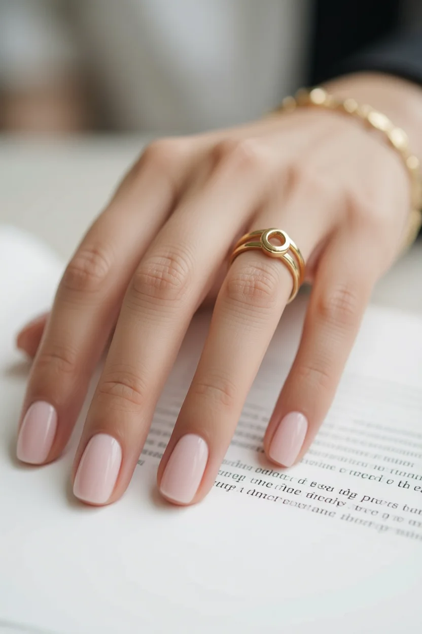 Mano con uñas nude redondeadas y anillo dorado