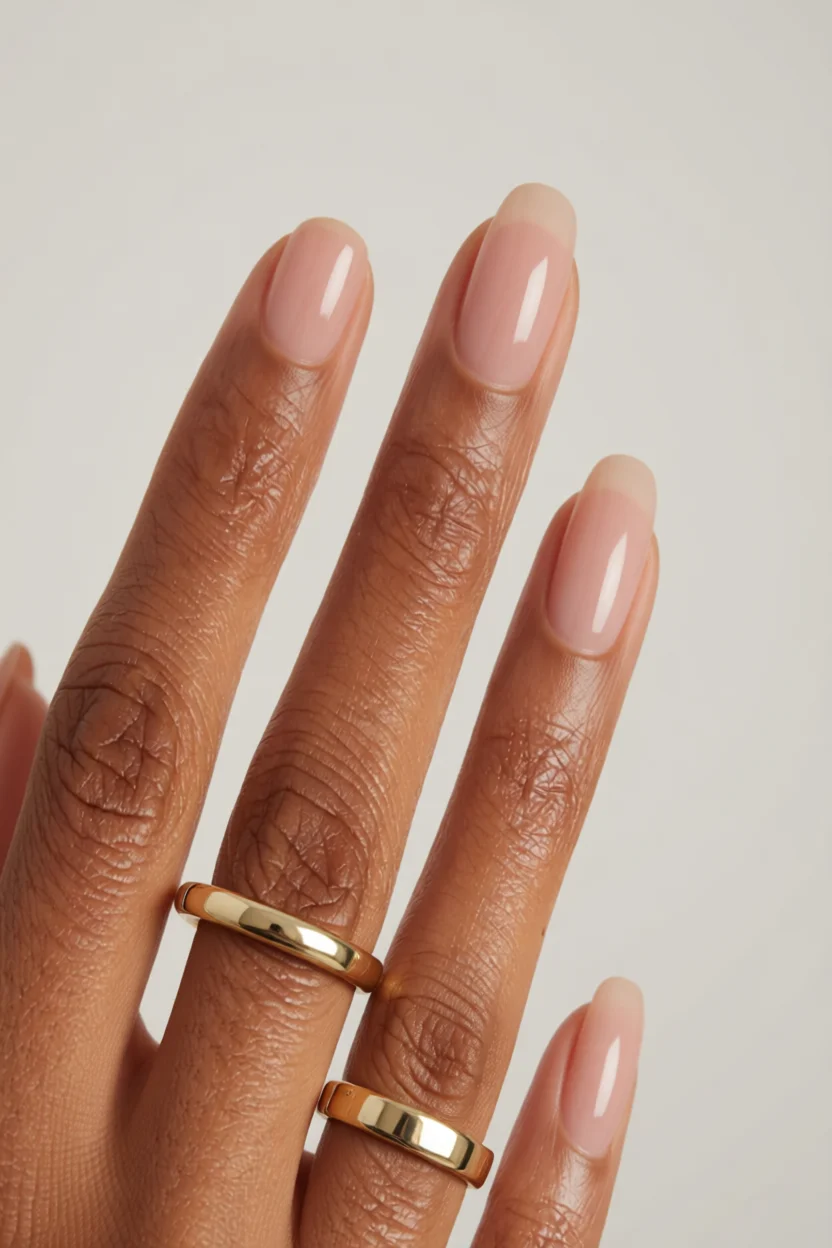 Mano con piel morena y uñas nude brillante en forma ovalada con anillos dorados