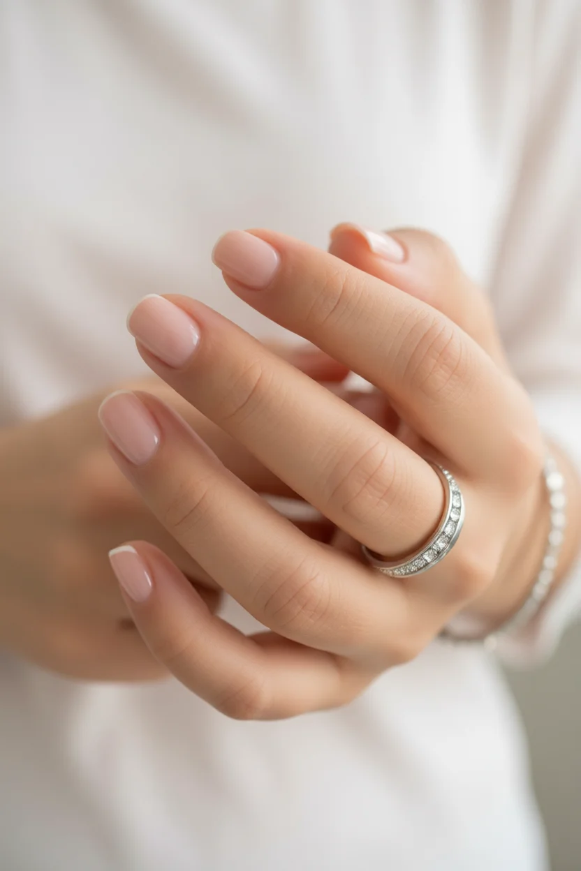 Mano de novia con uñas francesas ovaladas color nude y anillo de diamantes