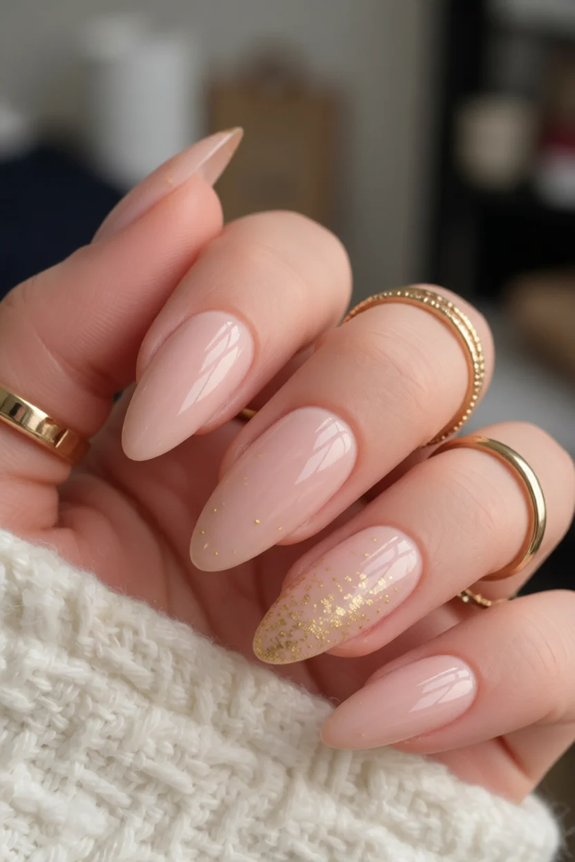 Mano con uñas largas en forma de almendra color nude rosado con purpurina dorada concentrada en la punta