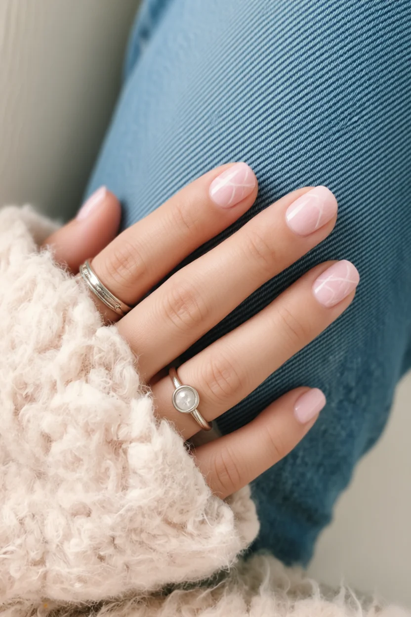 Uñas cortas redondeadas color rosa pastel con líneas blancas geométricas