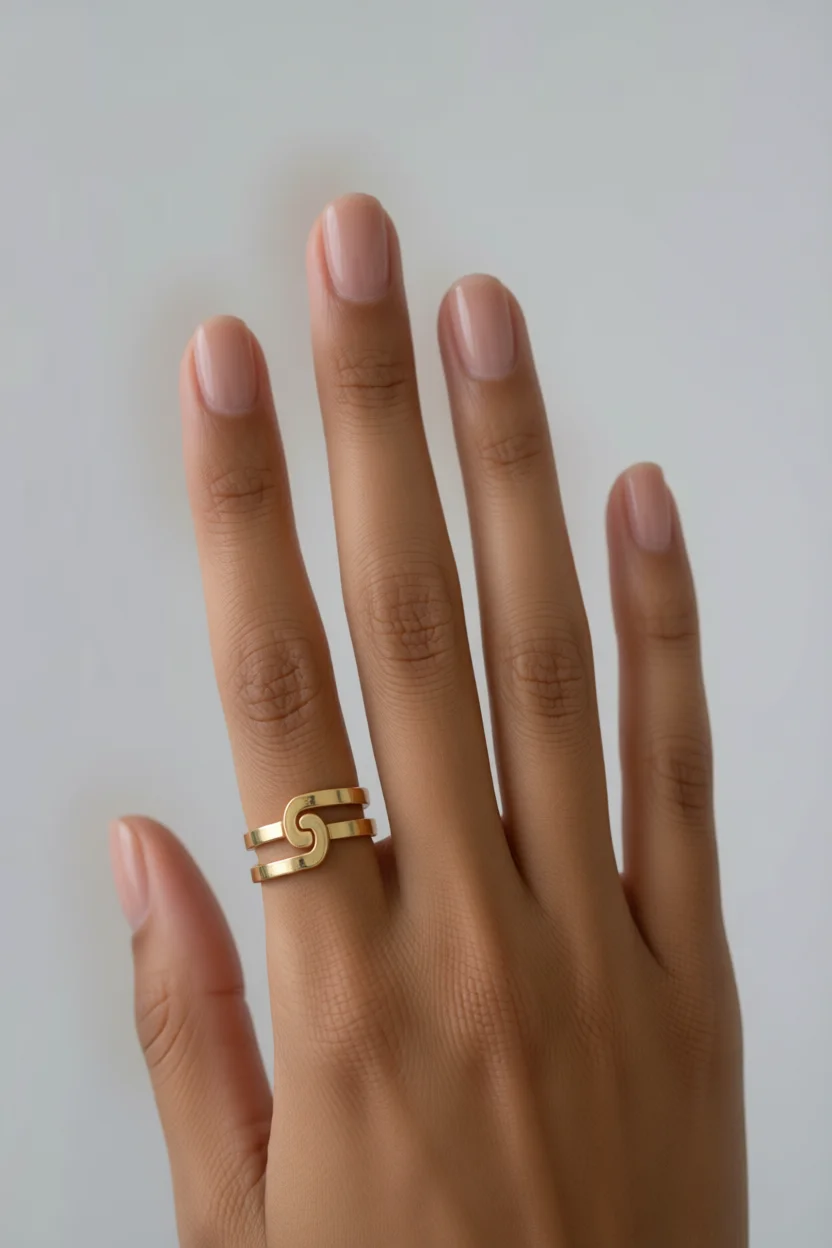Mano con uñas nude naturales brillantes y anillo dorado
