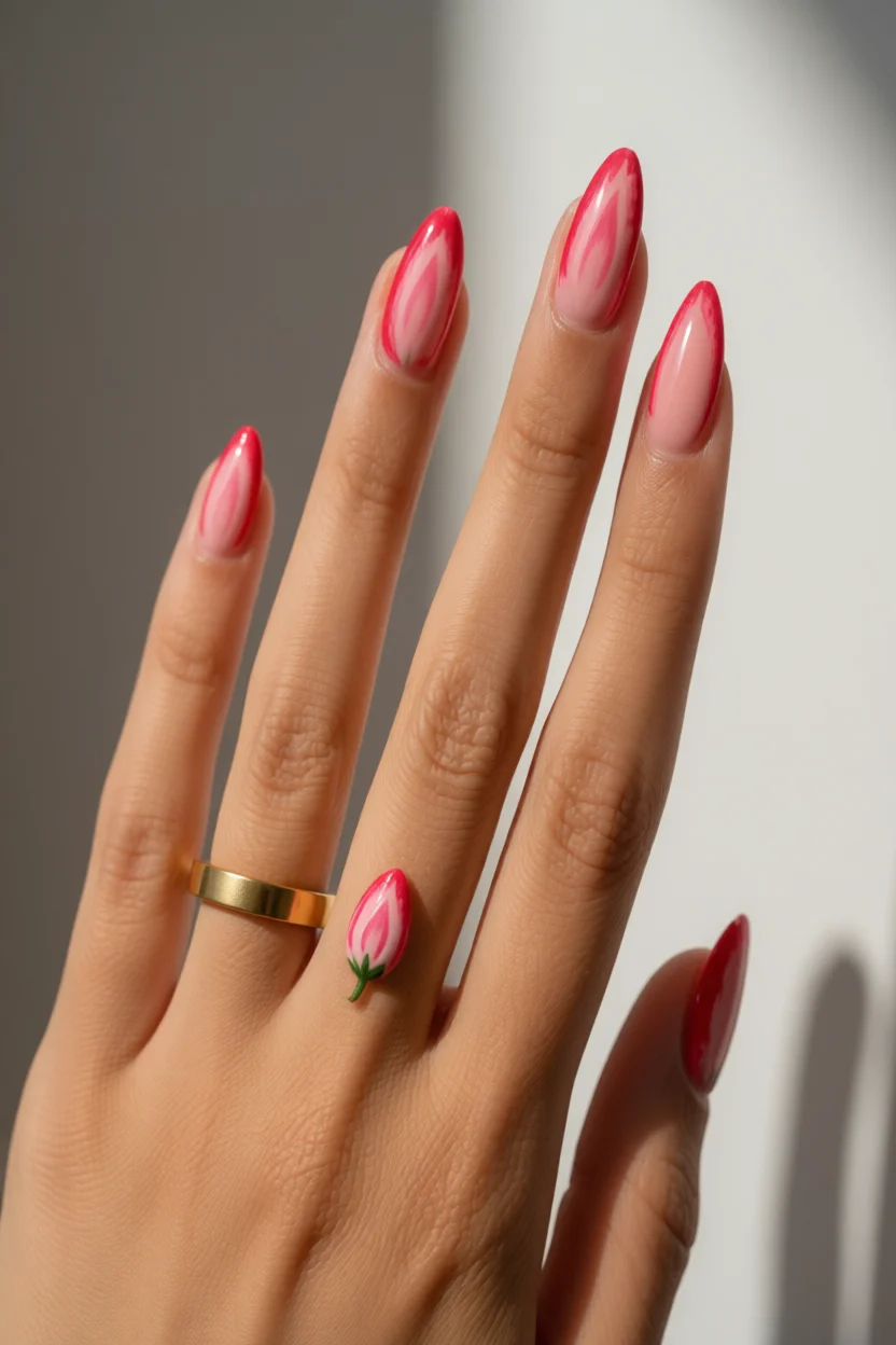 Uñas ovaladas largas con degradado rosa y efecto mármol y adorno 3D de tulipán