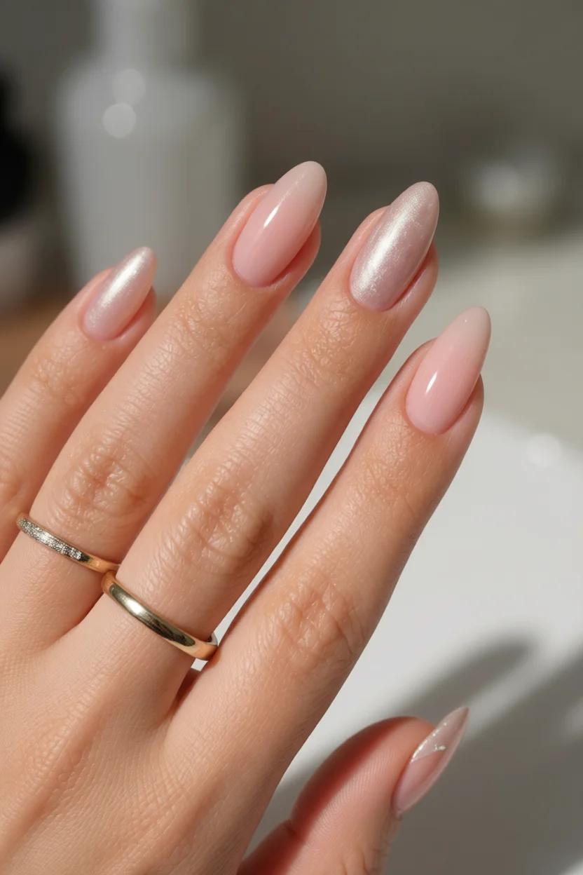 Mano con uñas almendradas en tono rosado perla brillante y anillo de novia