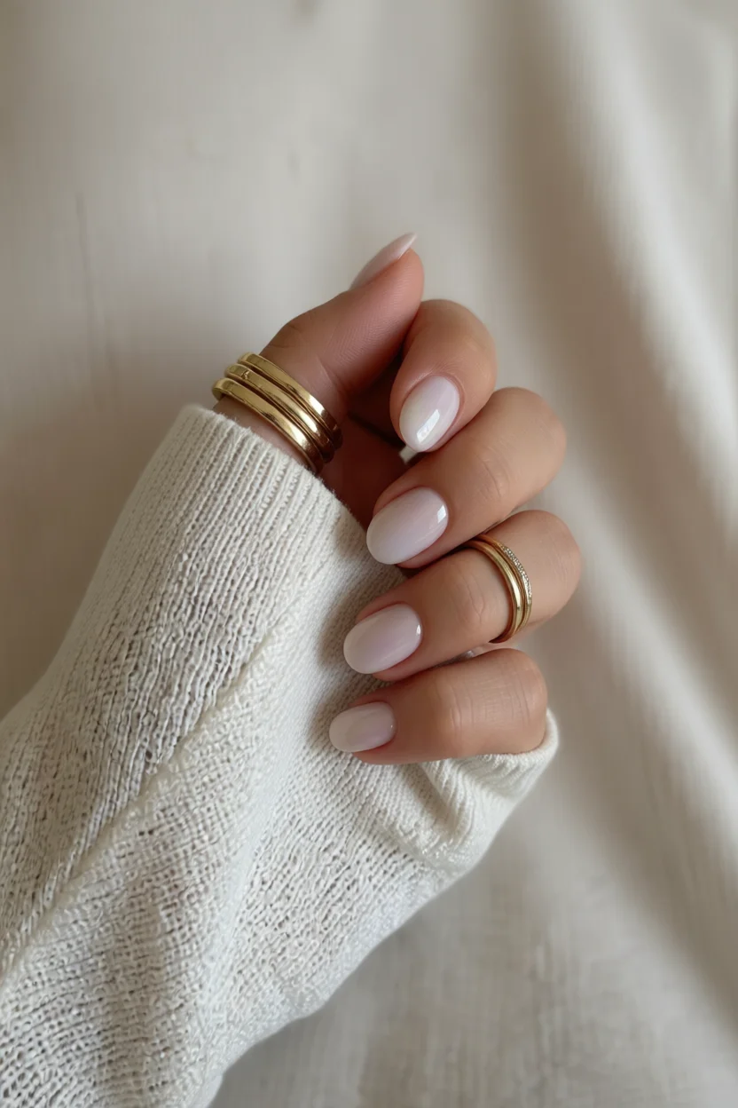 Mano con uñas en forma almendra, degradado nude brillante y anillos dorados