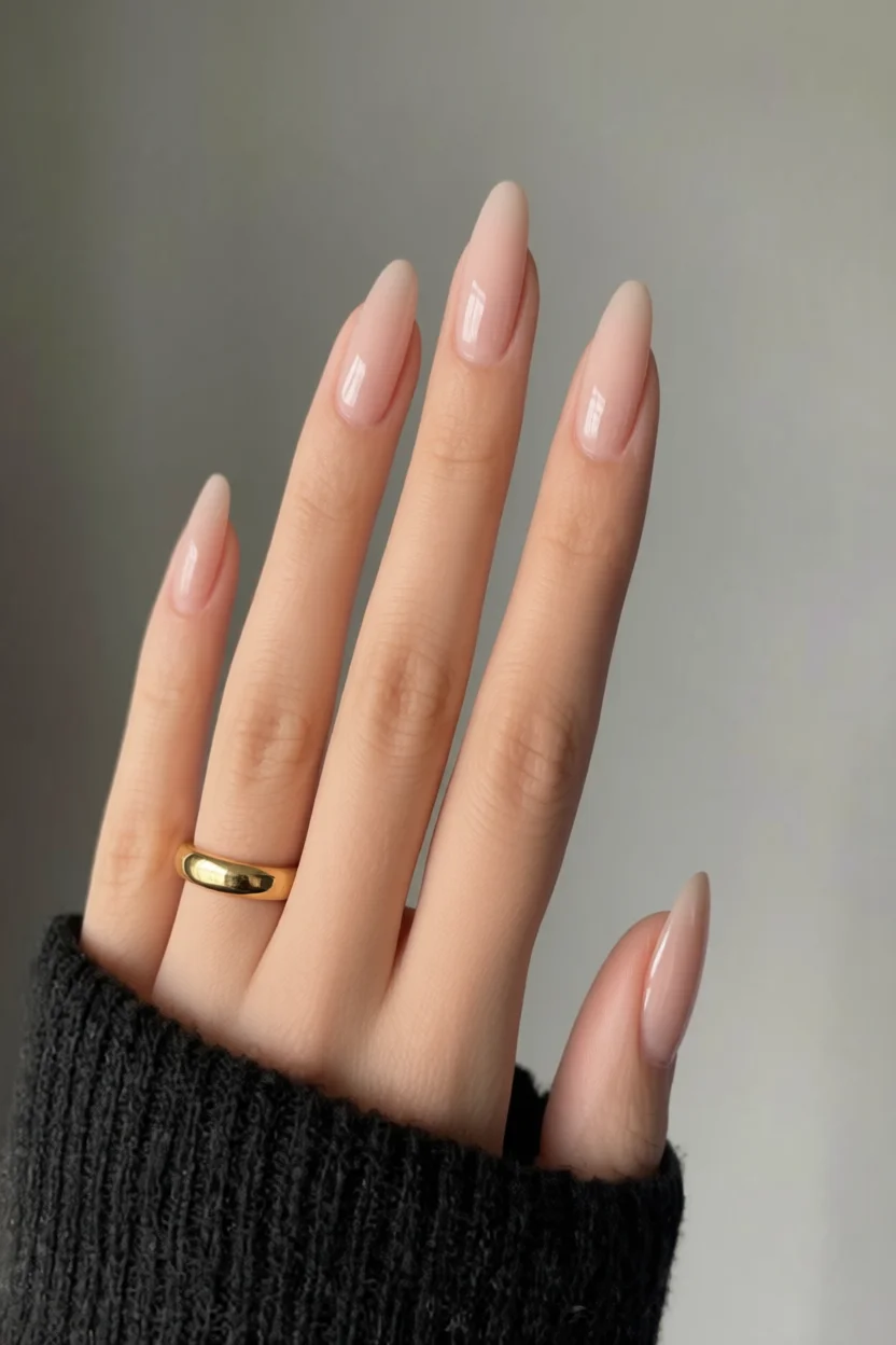 Mano con uñas almendradas nude brillantes y anillo de oro