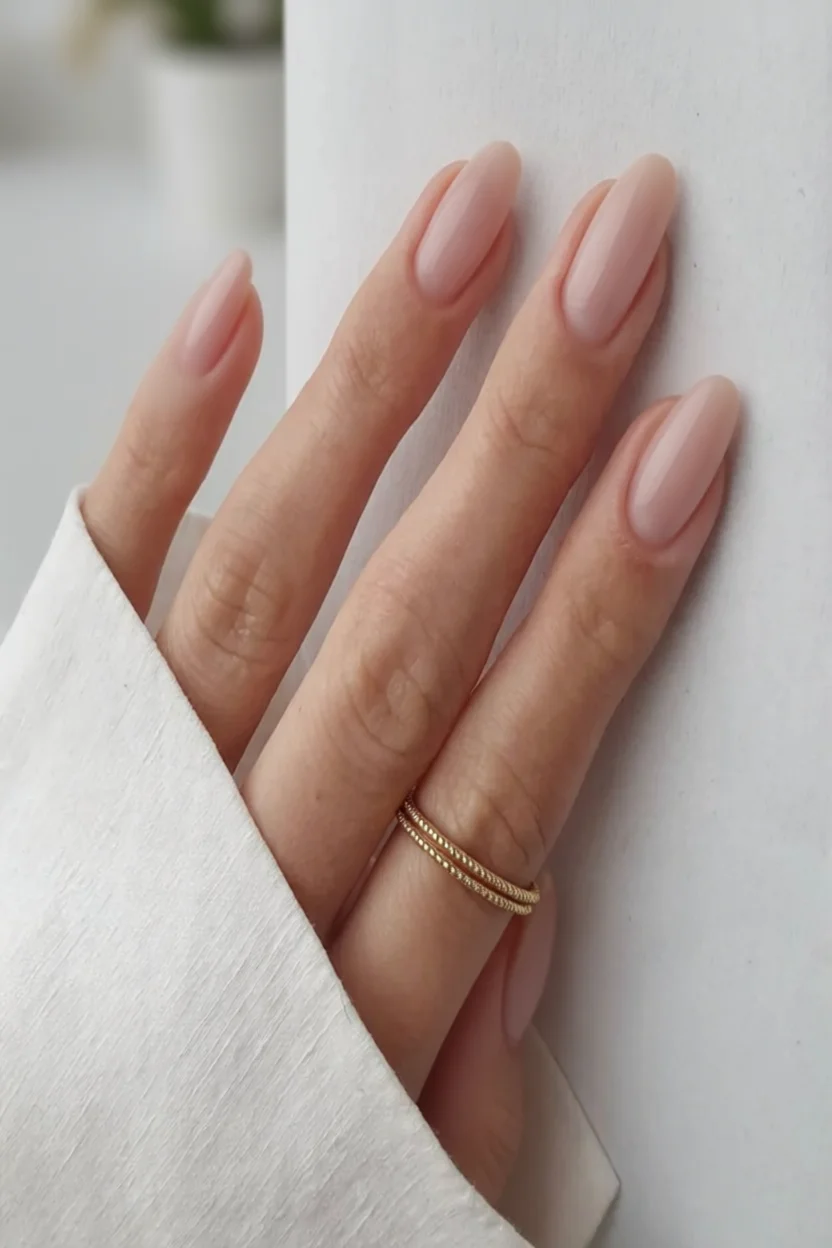 Mano con uñas ovaladas en tono nude brillante y anillo dorado fino