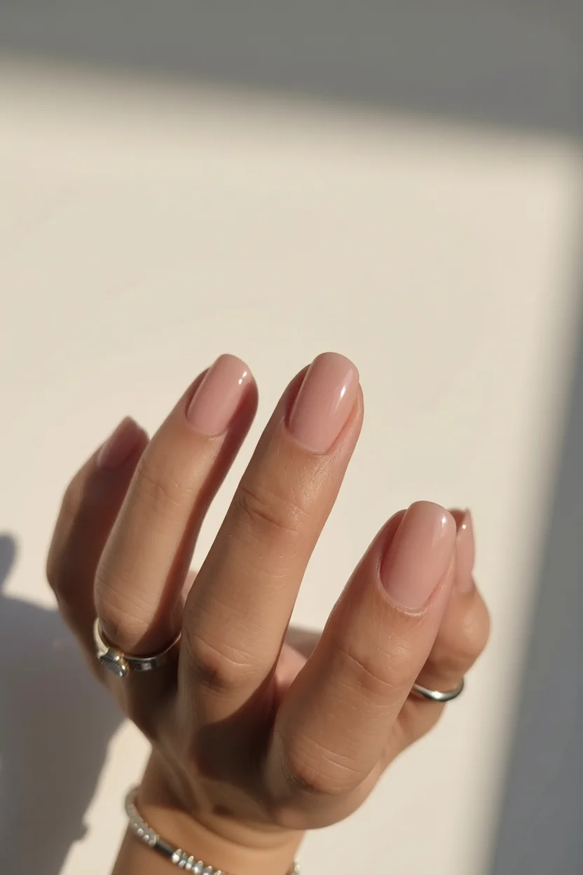 Mano con uñas color nude ovaladas y brillo, usando anillo de compromiso