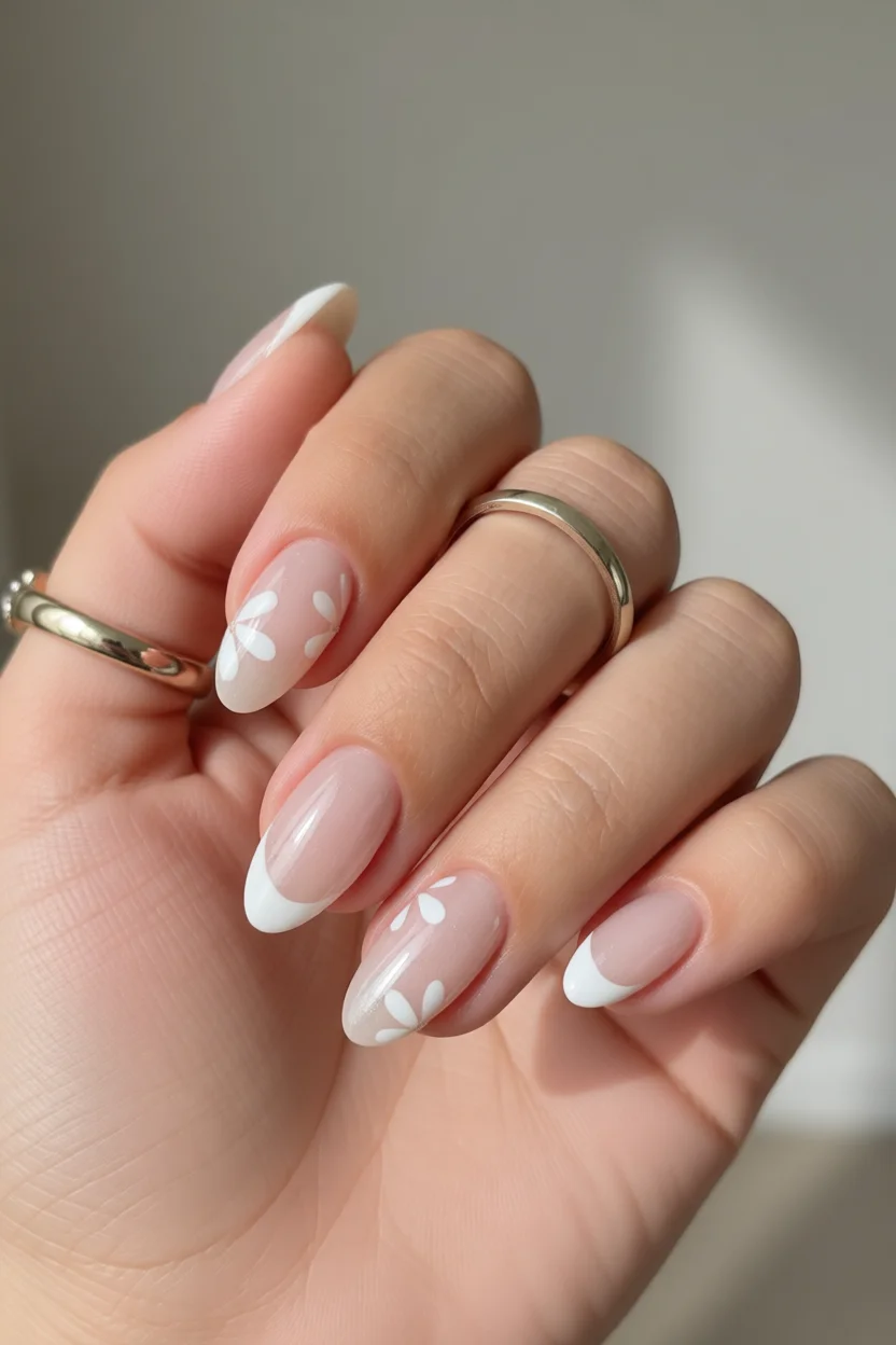 Uñas ovaladas francesas con detalles florales blancos