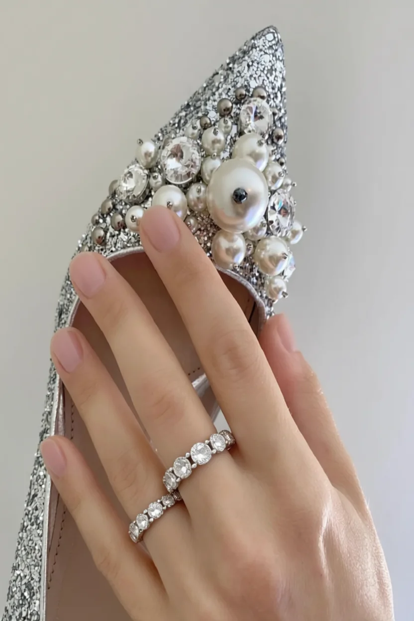 Mano de novia con uñas naturales y delicadas sosteniendo un zapato plateado decorado con perlas y cristales