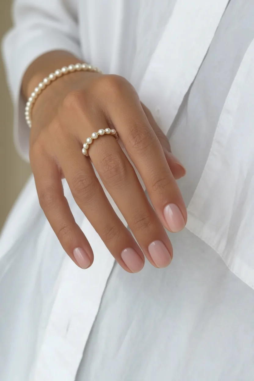 Mano con uñas cortas en esmalte nude y anillo de perlas